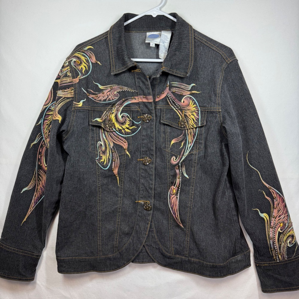 DG2 Diane Gilman Embellished Denim Jacket Women's Size M Charcoal Wash - Picture 2 of 10